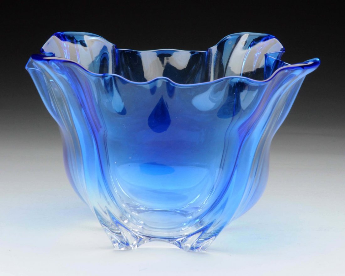 Signed Stuben Handkerchief Blue Glass Vase. (1 of 2)