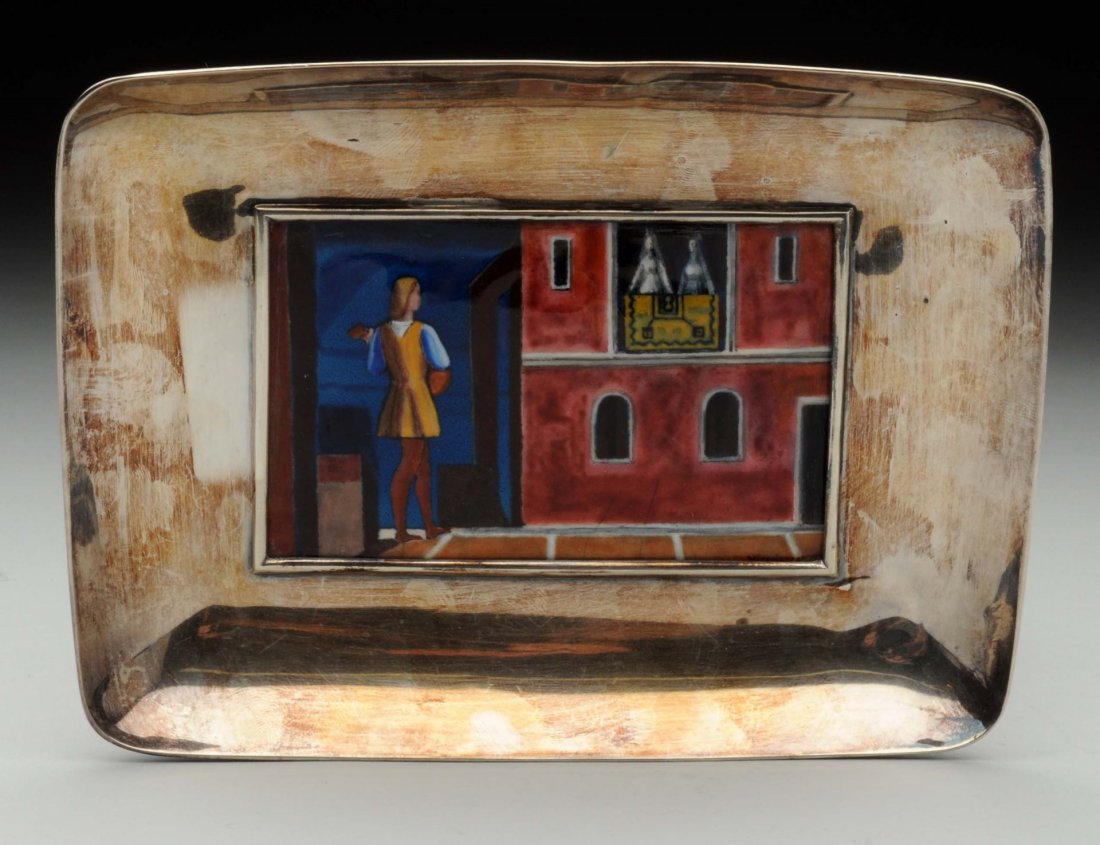 Enamel and Silver Tray.: Rectangular with dished sides, the enamel panel with a courting scene. Enamel plaque signed indistinctly. Size 7" x 5".