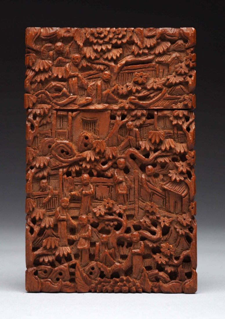 19th Century Chinese Carved Wooden Box Card Case. (1 of 2)