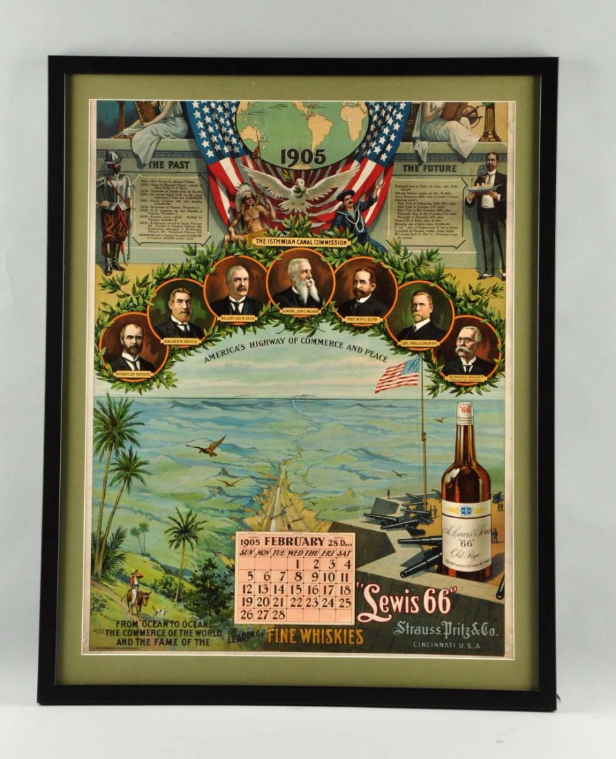 1905 Advertising Calendar for Lewis 66 Old Rye.: The calendar was made by Strauss, Pritz & Co., Cincinnati, Ohio. Features a calendar pad that starts with February. The calendar appears to be mounted onto a mat board. There are numerous wrinkles and