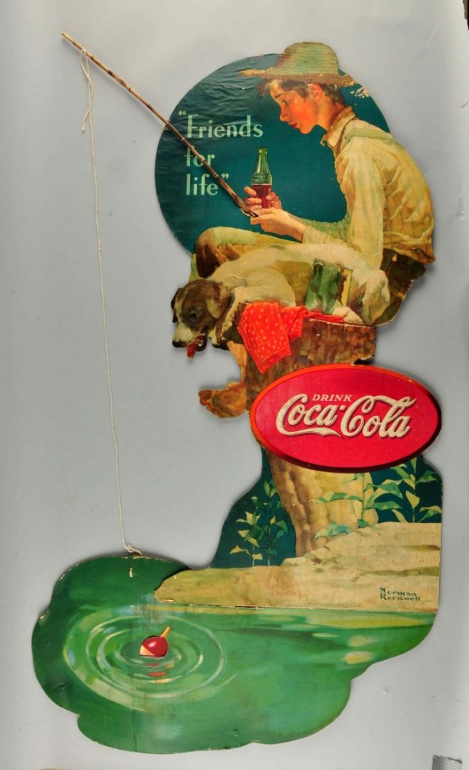 Large Coca-Cola Diecut Sign by Norman Rockwell.: This is a rather hard to find sign done by the famous painter Norman Rockwell. It features a boy fishing with his dog. The bottom pond sign has separated from the top part. There is numerous stains an