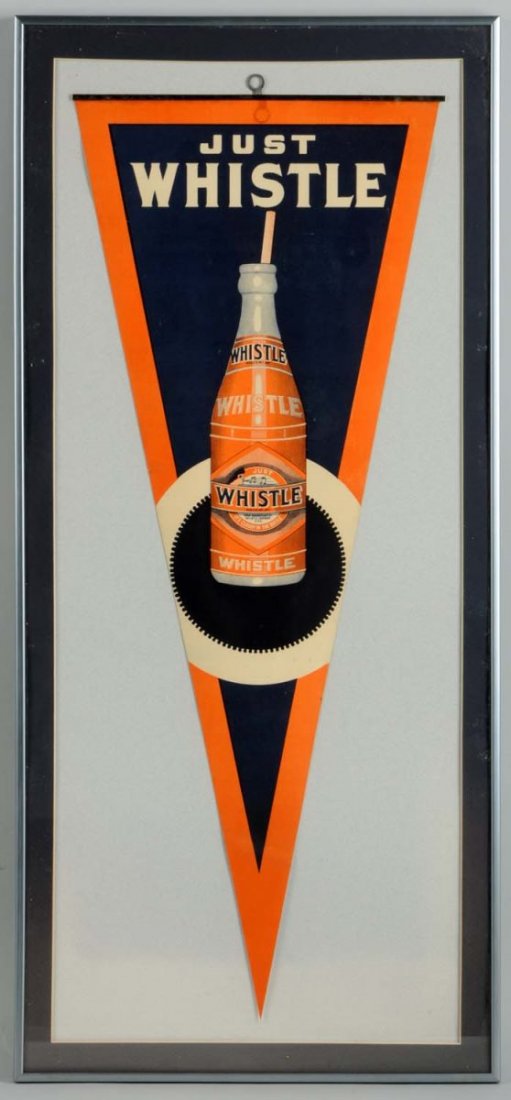 1920s Whistle Paper Pennant.: Framed under glass and no wear, with its metal strip attached a few very tiny spots and one short closed edge tear. Condition (Near Mint). Size Framed: 31" x 14".