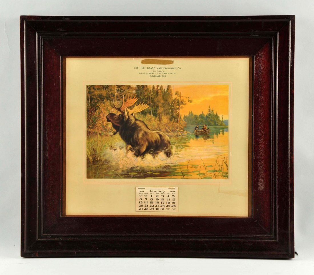 High Grade Manufacturing Advertising Calendar.: This is a professionally framed calendar behind glass. Shows an image of two boys in a canoe hunting after a moose. The calendar is dated 1911 and has a full calendar pad. Condition (Very Good). Size 