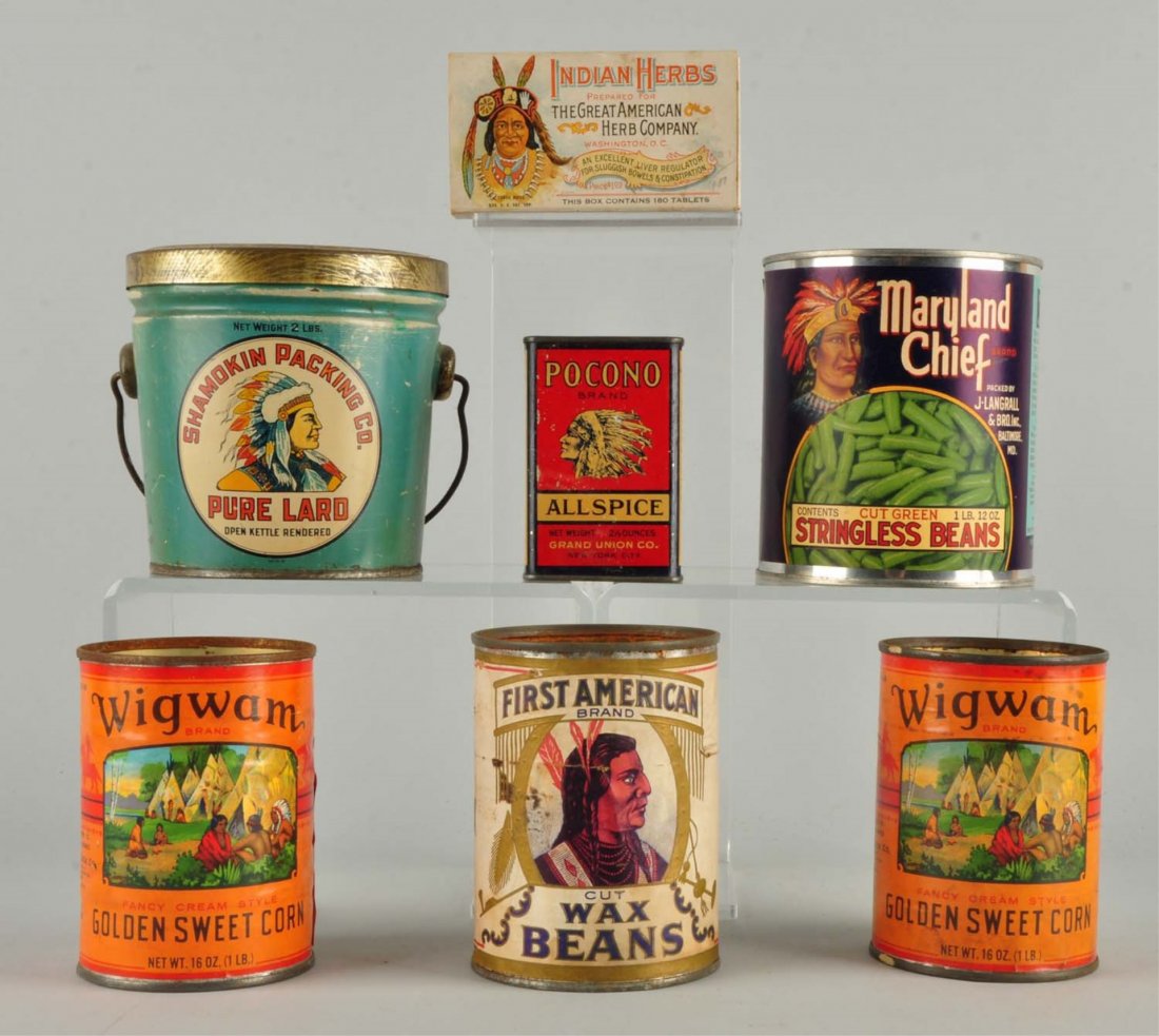 Lot of 7: Early Indian Motif Tins. (1 of 1)