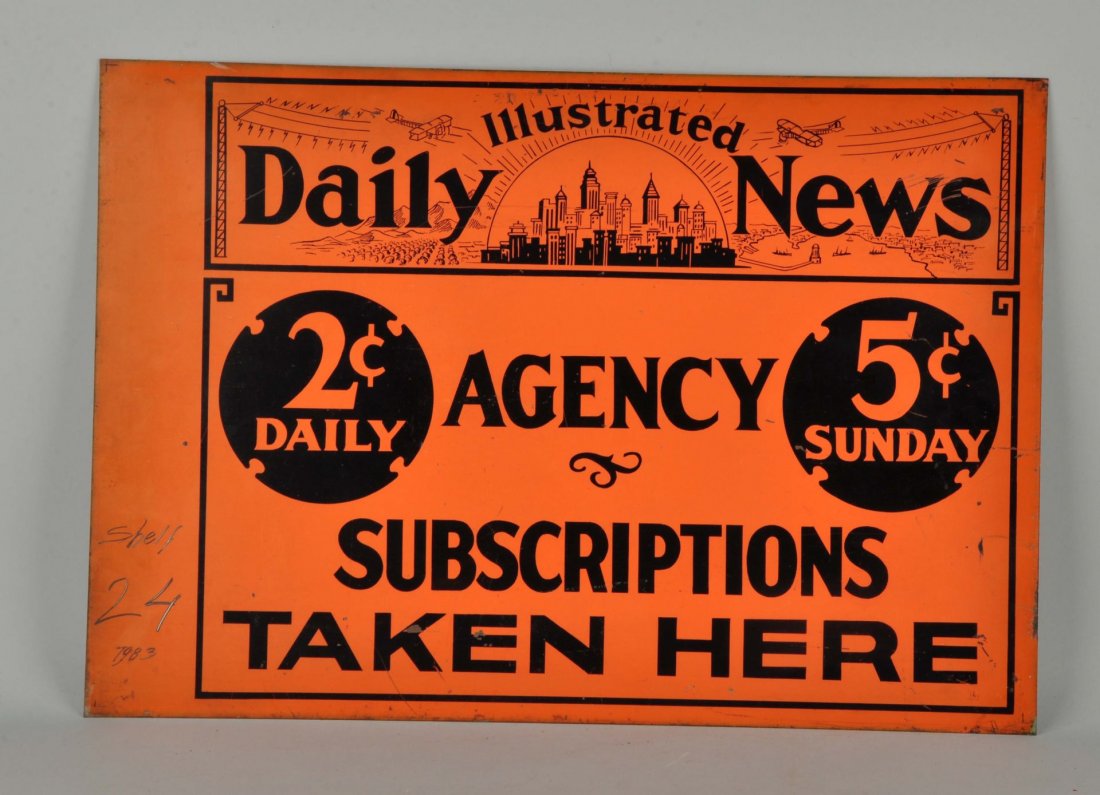 Sample Sign for the Daily News.: This is a one sided sample sign for a flange. It was made by the Donaldson Art Sign Co out of Covington Ky. The sign has some scrapes and nicks to the paint. On the unbent flange section there is some