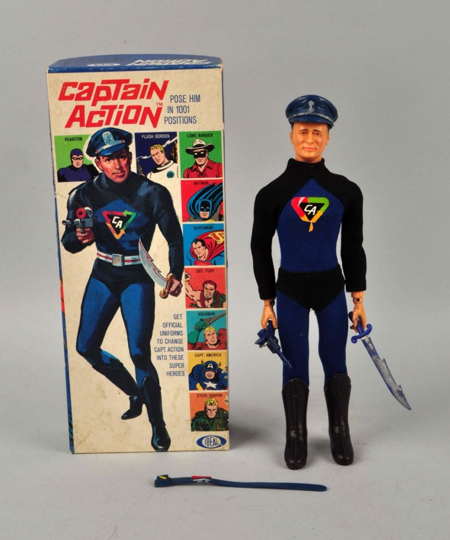 Ideal Capitan Action Figure.: Includes original box. Original clothing but decal has a separation on the bottom corner. Original hat, sword, belt and pistol. Does not have instructions. Some wear to box. Condition (Very Good). Siz