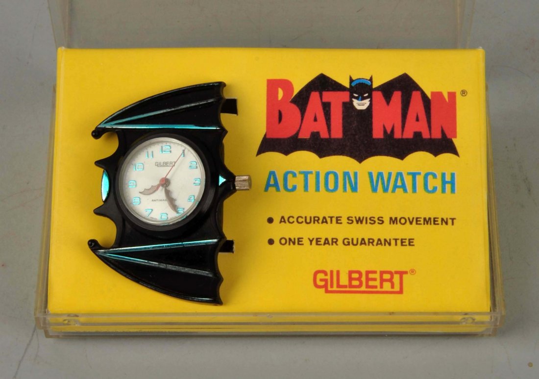 Gilbert Batman Action Watch.: In original plastic case. Original cardboard insert. Marked "1966 Gilbert Company National Periodical Publications". Slight wear to watch, but there is nothing broken or cracked. Watch has been over-w