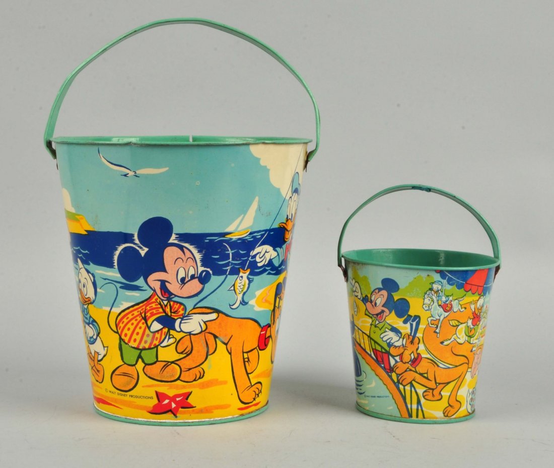 Lot Of 2: Chein Postwar Tin Litho Disney Pails.: Similar motifs, one small and one large. Marked " Walt Disney Productions" and also has the Chein mark. Depictions of characters include: Donald and Daisy Duck, Mickey Mouse, Pluto and other character
