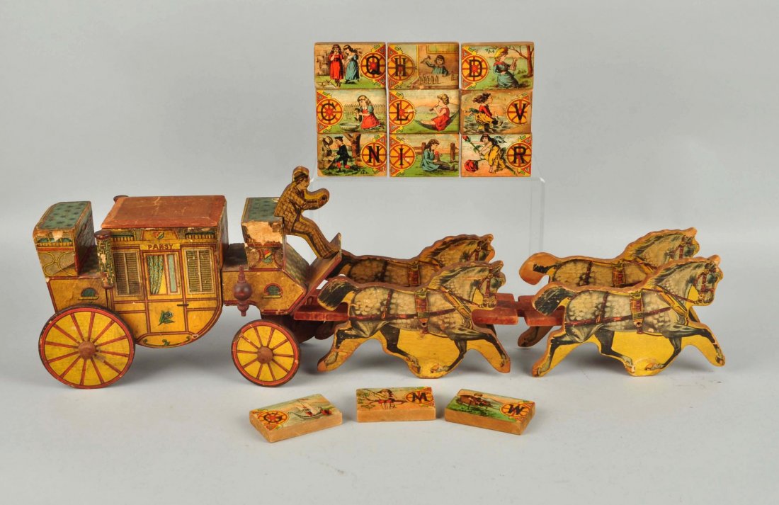 Early American Made Paper on Wood Stage Coach Toy. (1 of 3)