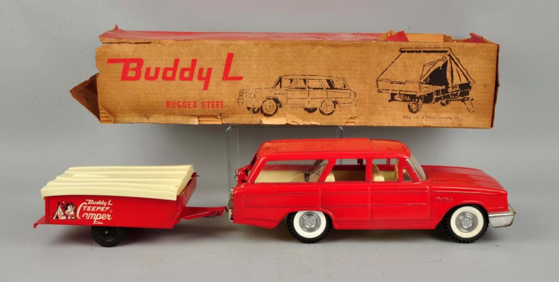 Pressed Steel Buddy-L Red Station Wagon w/Trailer. (1 of 2)