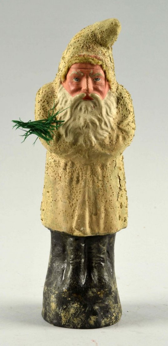 Santa Claus Belsnickel with Furred Tree.: Paint loss on the left side of Santa's body. Excellent face. No damage to hat. Condition (Excellent). Size 10-1/2'' T.