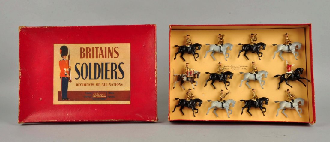 Britains No.101 Band of the Lifeguards Figure Set.: Includes original box with nice paper label inside and insert. Marked "Made in England" Does have some edge wear and creasing to box. Twelve figures on horseback. Most are playing instruments. Figures