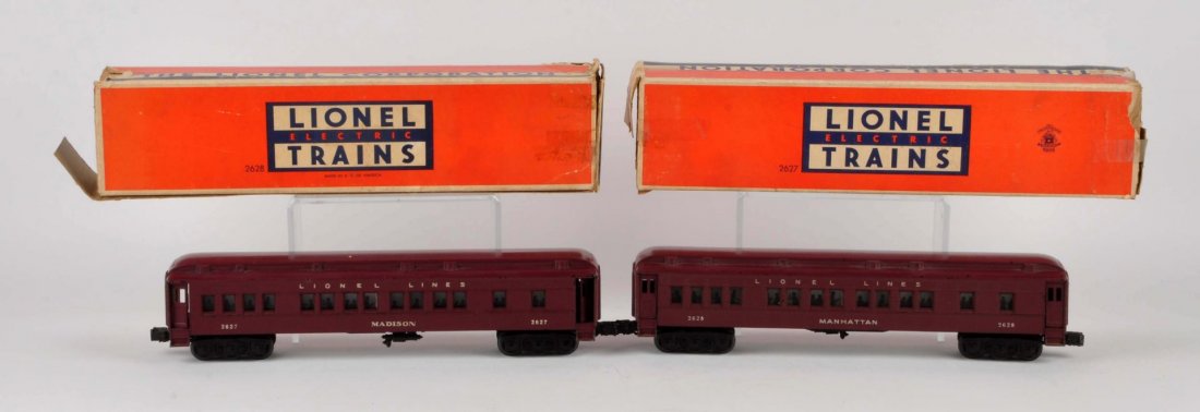 Lot Of 2: Lionel Passenger Cars.: #2627 - Madison Passenger Car - complete and all original, some fading of the numbers on one side, very clean, no rust, very small paint chips on the edge of the roof, in excellent condition. Original