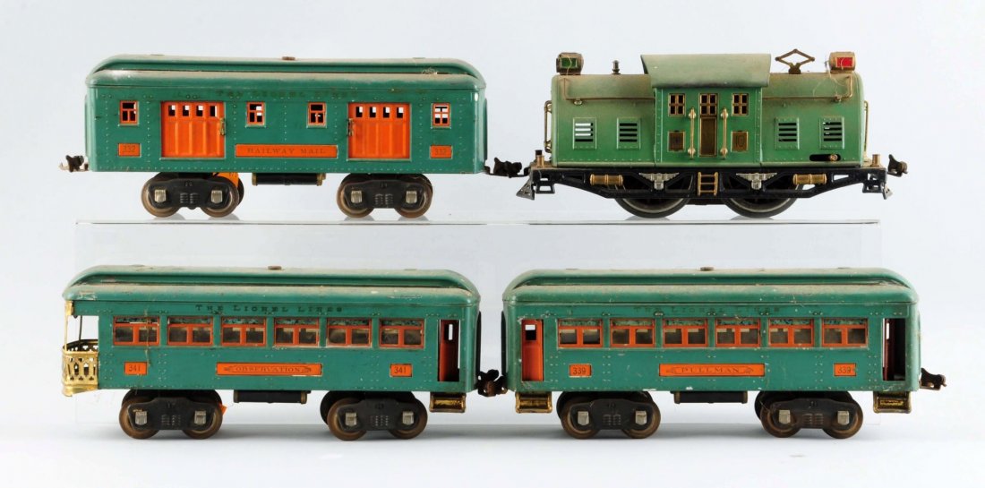 Lot Of 4: Lionel 10E Locomotive & Passenger Cars.: No. 10E Locomotive, complete and all original, needs cleaning. No. 339 Pullman Car, complete and all original, rust on wheels, axles and couplers, needs cleaning. No. 341 Observation Car, complete and