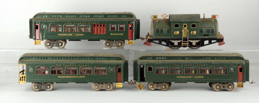 Lot Of 4: Lionel 380 Locomotive & Passenger Cars.: No. 380 Locomotive, dark green, restored, improper headlights, needs to be re-wheeled. No. 430 Observation Car, restored. No 429 Parlor Car, restored. No. 428 Pullman Car, restored. May clean to a bet