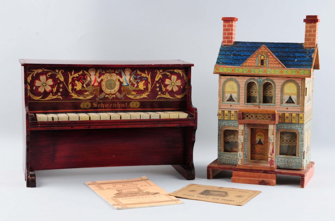 Lot Of 2: Wooden Doll House & Piano. (1 of 1)