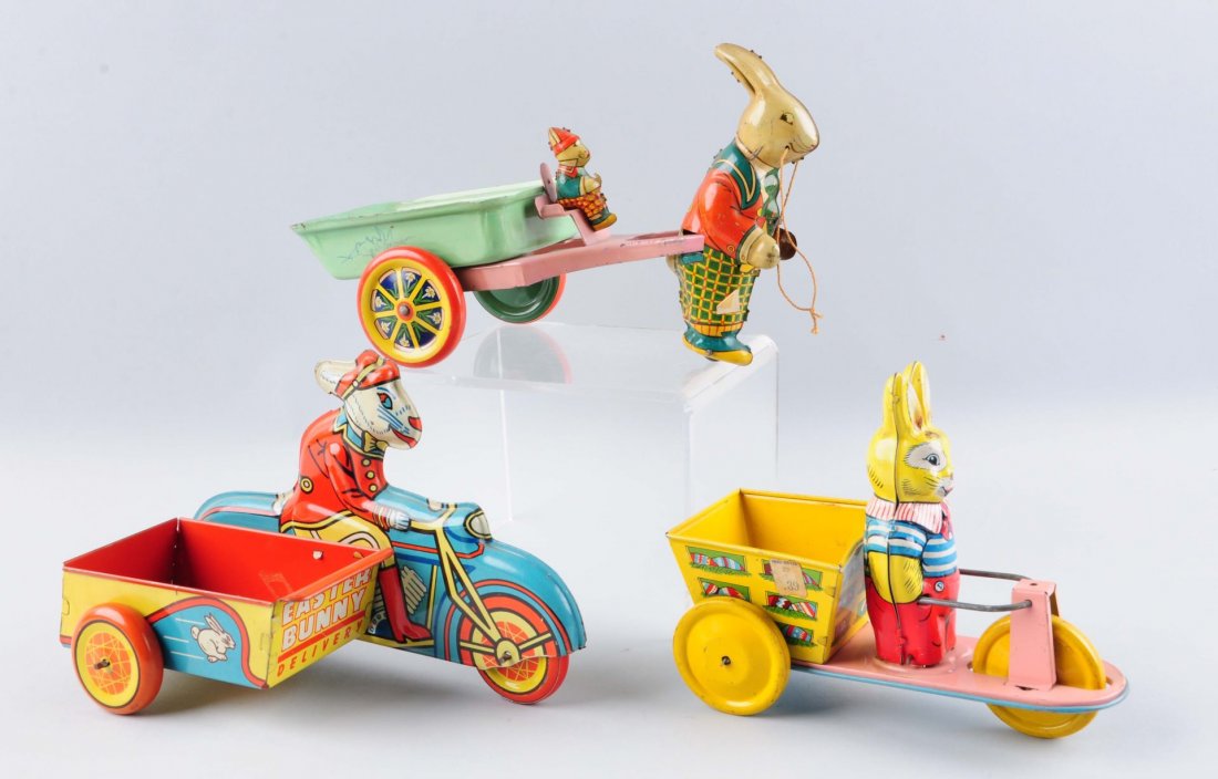 Lot Of 3: Easter Tin Litho Bunny Carts. (1 of 1)