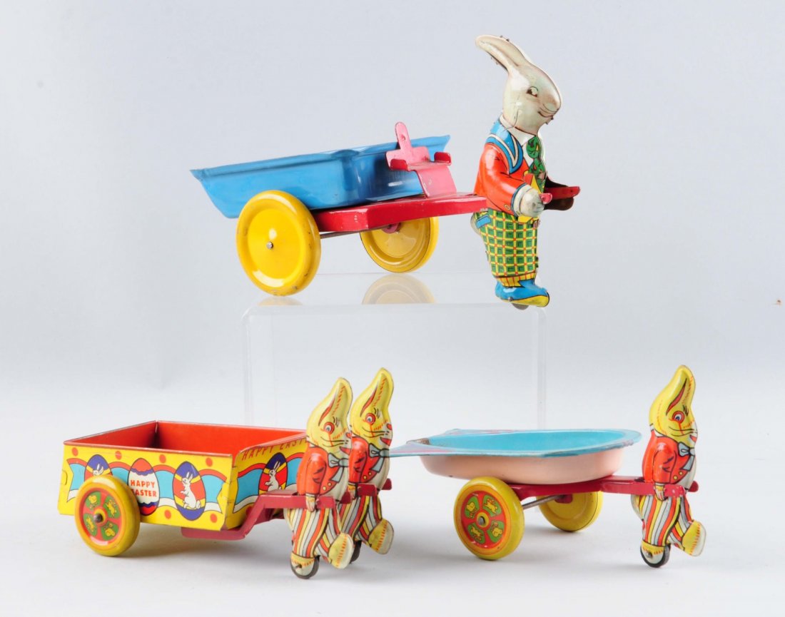 Lot Of 3: Tin Litho Easter Rabbits With Wagons. (1 of 1)
