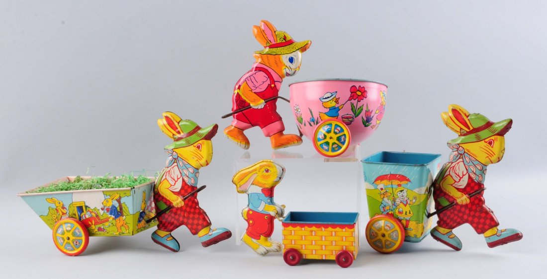 Lot Of 4: American Tin Litho Rabbits With Carts. (1 of 1)