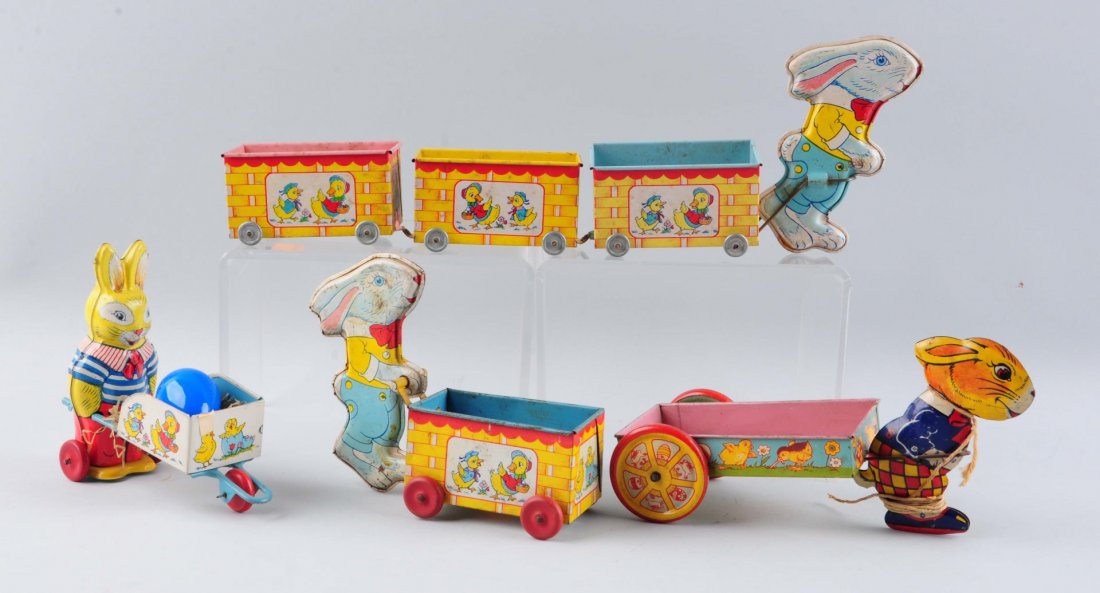 Lot Of 4: Tin Litho Easter Rabbits With Carts. (1 of 1)