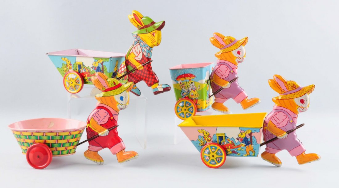 Lot Of 4: Tin Litho Easter Bunnies Pulling Carts. (1 of 1)