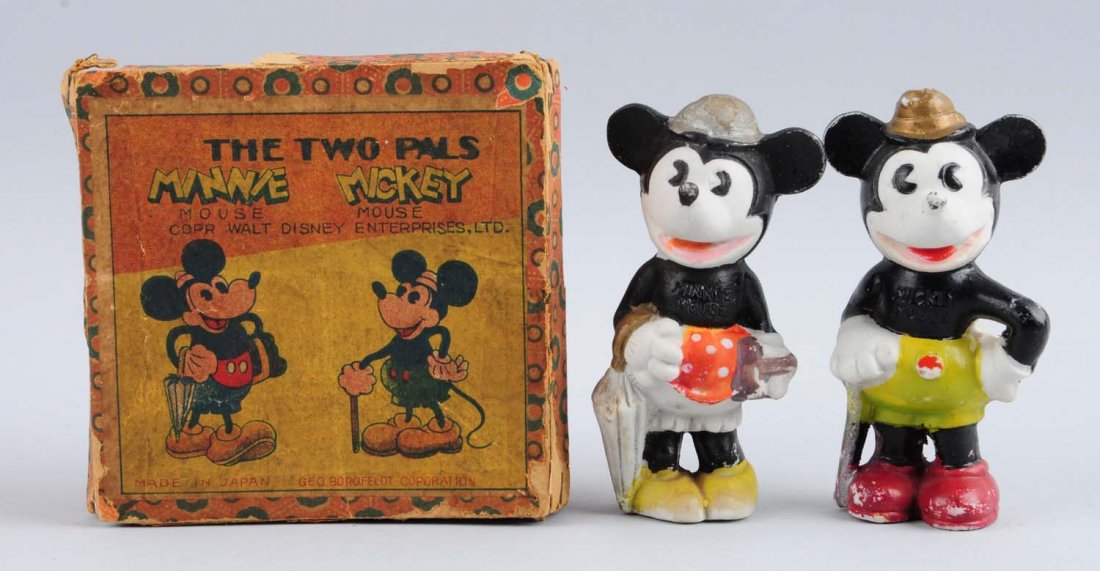 "The Two Pals" Mickey and Minnie in Box.: Bisque, pie eyed Mickey and Minnie Mouse. Made in Japan. Marked "Geo Borgfeldt Corp." & "Walt Disney Enterprises". Mickey has wear to the paint but no chips. Minnie also has paint loss, not chips. Sca