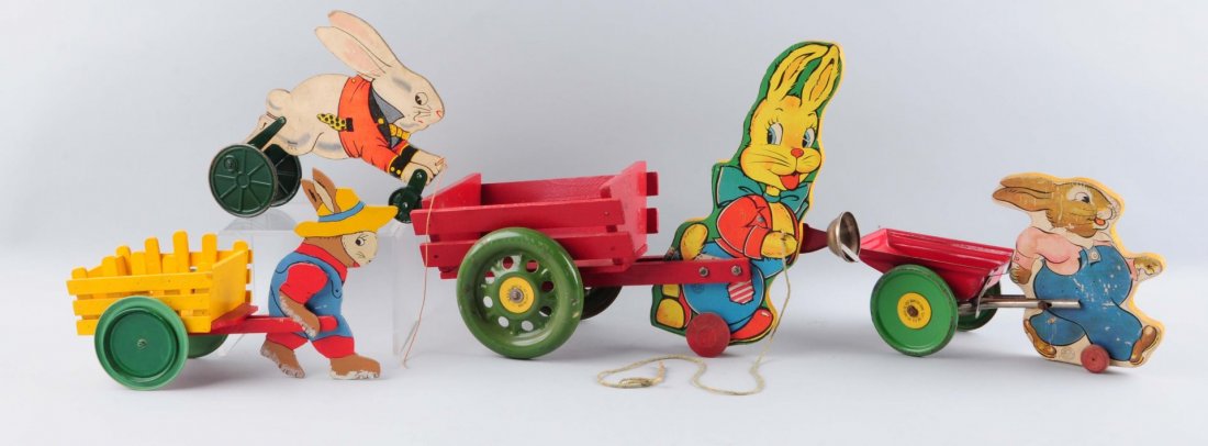 Lot Of 4: Wooden Easter Rabbits With Carts. (1 of 1)