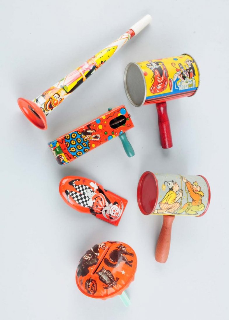 Lot Of 6: Holiday Noise Makers.: Various tin lithographed noise makers, made by US Metal Company. All in very good condition. Condition (Very Good - Excellent). Size Largest : 9" L.