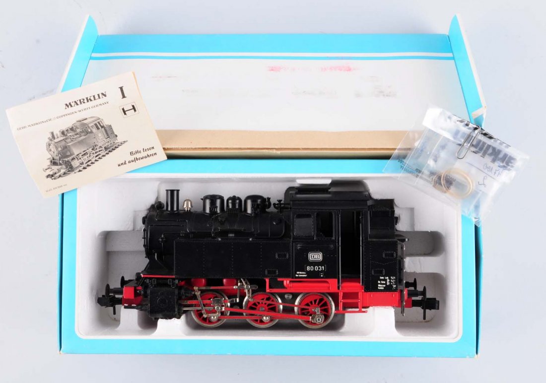 Marklin No. 5700 1 Gauge Steam Locomotive.: 0-6-0 Steam Locomotive, complete and all original, clean and attractive, like new condition. Comes with a clean, crisp, original box with instruction sheets. Condition (Excellent).