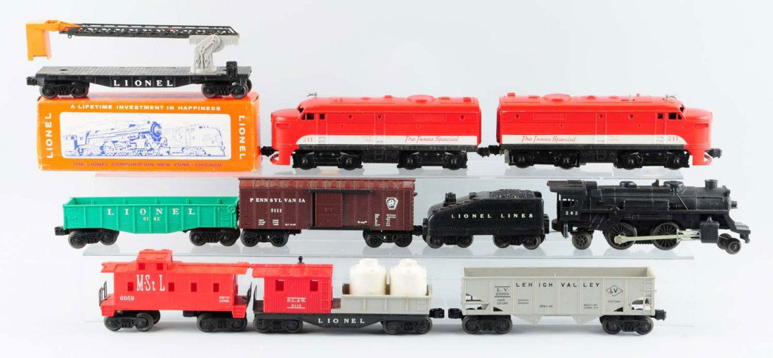 Lot Of 10: Lionel Trains.: No. 242 Locomotive, complete and all original, in excellent condition. No. 1060T Tender, complete and all original, in excellent condition. No. 211 Texas Special AA, complete and all original, small s