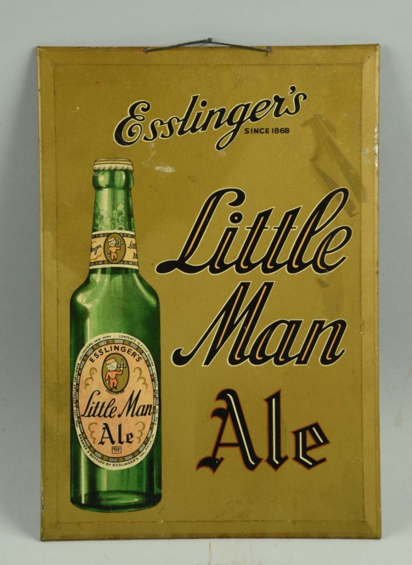 Esslinger's Little Man Ale Tin Advertising Sign.: The tin sign features a great image of a bottle of Little Man Ale. The sign has some scraping with some paint loss and some areas of staining and discoloration. Condition (Very Good). Size 13 - 1/4" x