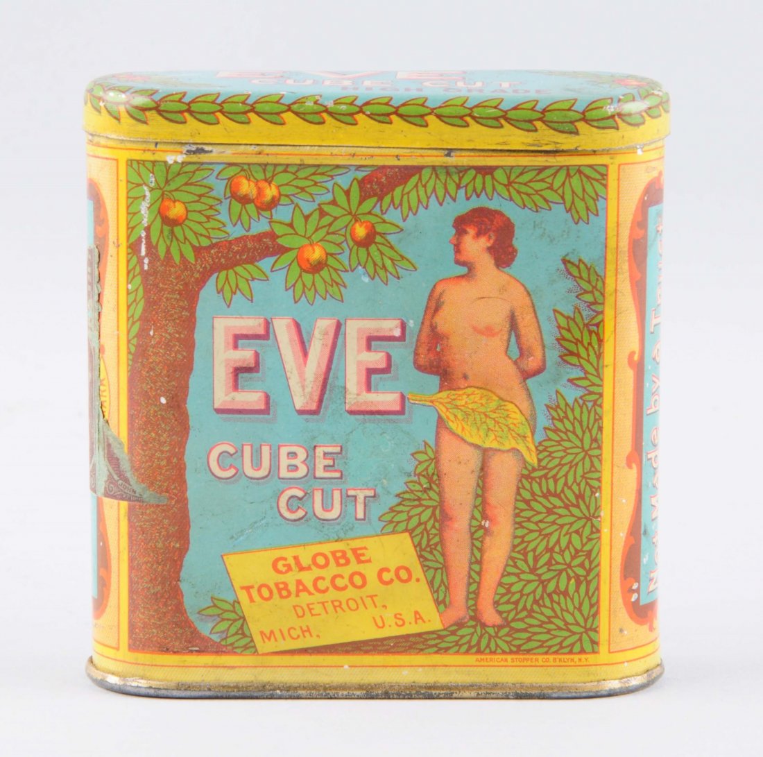 Eve Cube Cut Tobacco Tin.: This tin is in good condition with some light scraping and soiling. Condition (Very Good). Size 3 -1/2" L.