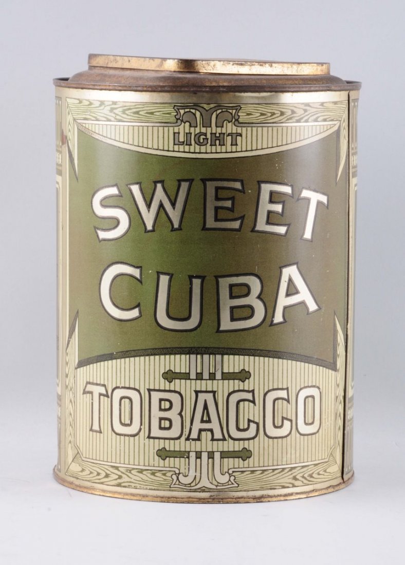 Sweet Cuba Tobacco Canister.: The canister has some mild denting and light paint nicks throughout. Condition (Very Good). Size 12" T.