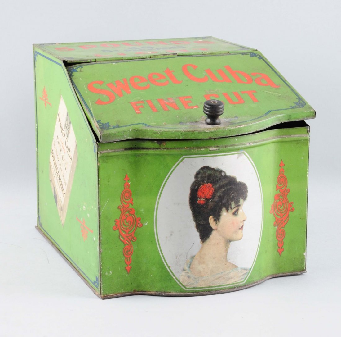 Sweet Cuba Fine Cut Tobacco Canister.: This piece has moderate fading with some soiling and paint loss. Condition (Fair). Size 7 - 3/4" T.