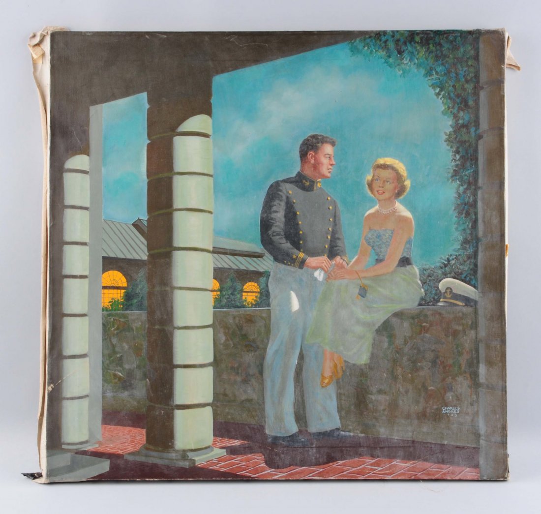 Charles Andres Painting.: This painting is dated 1958 and shows a soldier and his wife sitting on a wall. There is some paint loss and scraping to a few areas. Condition (Good - Very Good). Size 23-1/4'' x 23-3/4''.