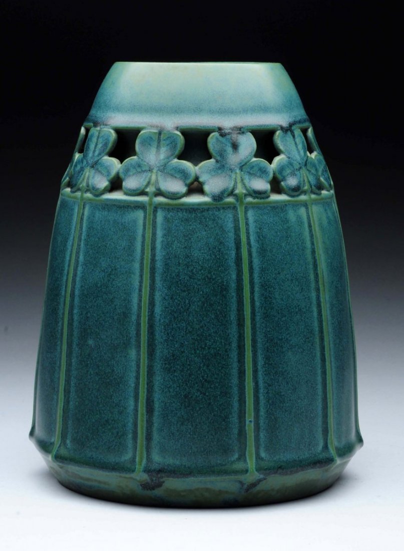 Eduard Stellmacher Co. Ceramic Clover Vase.: With a Band of Reticulated Clover around the Top of the Vase, 8.5 inches high, 1906. Eduard Stellmacher Monogram Mark, Mint. Illustrated in Monsters and Maidens Collectors Edition,Byron Vreeland, page