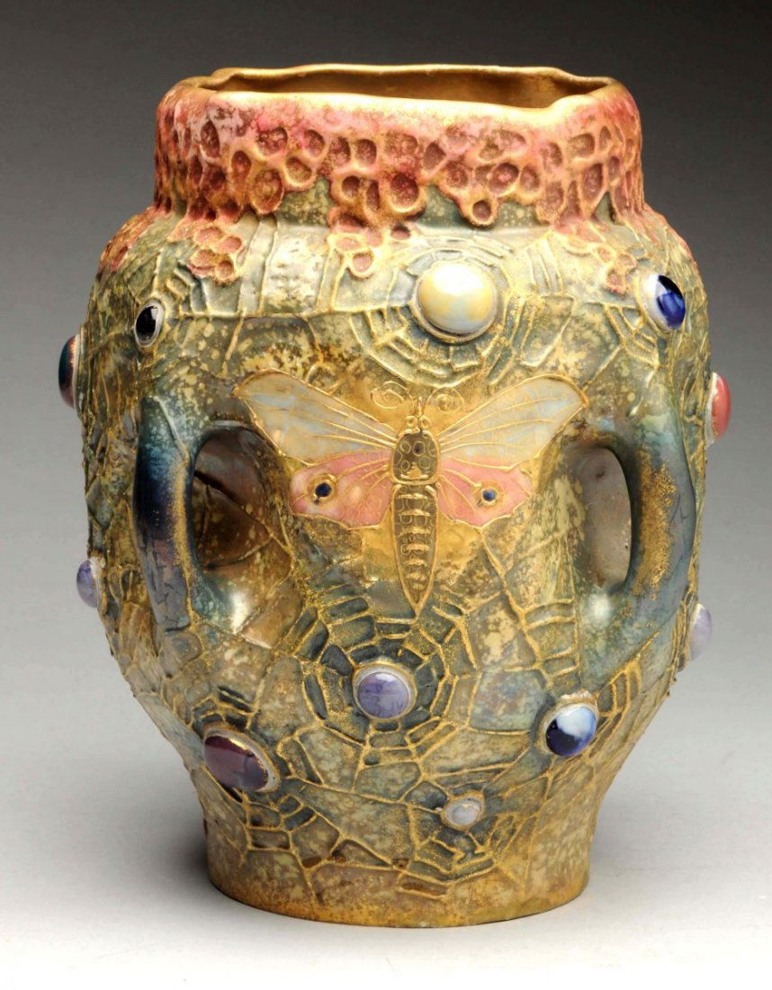 Amphora Ceramic Jeweled Spider  and Moth Vase.