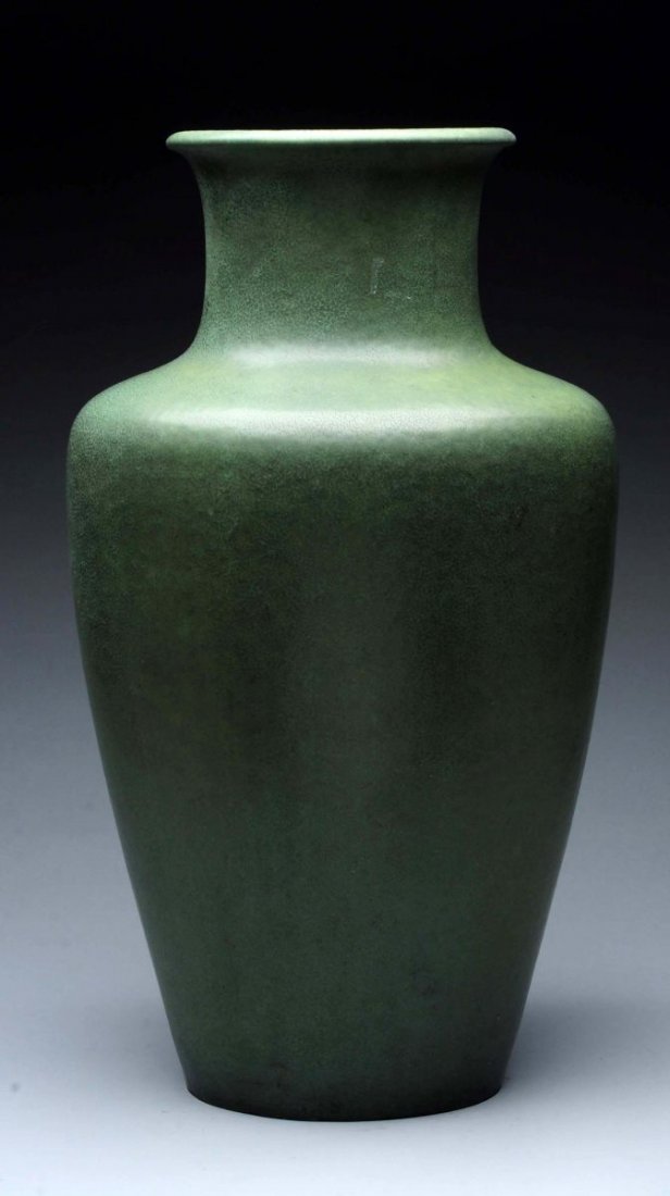 Teco Floor Vase.: Arts & Crafts. Green & charcoal glaze. Scratch in body. Thin hairline around base 1/2" up. Condition (Good). Size 20 -1/2" T.