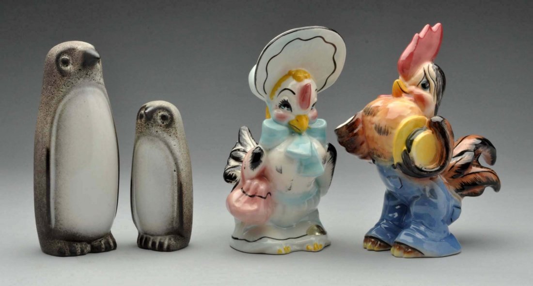 Lot of 4: California Pottery Figures.: Includes two Howard Pierce owls and two Brad Keeler chicken figures. No chips, cracks, or crazing. Condition (Excellent). Size Largest: 7'' T.
