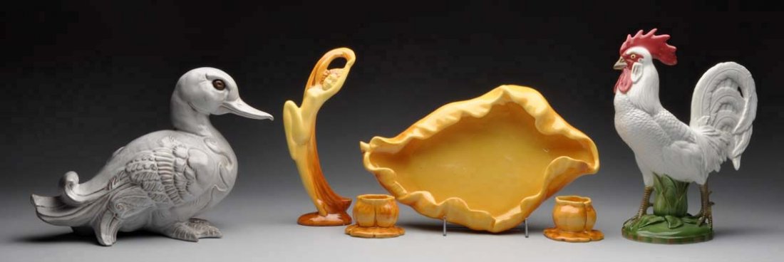 Lot of California Pottery Figures.: Includes a Cemar nude woman with bowl and candlesticks, a Ball Brofters rooster, and a Kay Finch duck. No chips or cracks. Condition (Excellent). Size Largest: 14'' W.