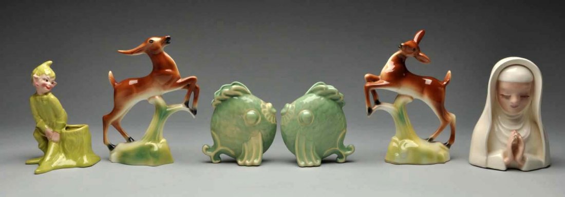 Lot of California Pottery Smalls.: Includes a pair of Pacific Potter fish vases, a small Gilner elf planter, a pair of Stewart McCullough deer figures, and an unmarked Madonna figure. No chips or cracks, but some crazing here and there