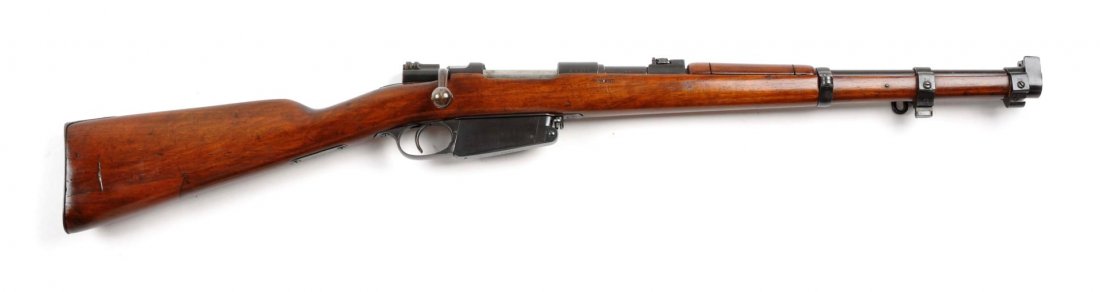 (C) Mauser Mod 1891 Engineer's Carbine (Argentina): Serial # A8311 17.63" barrel in 7.65x53mm caliber. Rifle has the Argentine coat of arms on bridge. Serial number on right side of frame, barrel, bolt. Magazine is stamped "4862". Front band is stamped
