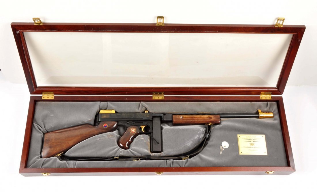 (M) Cased Korean War Commemorative Thompson.: Serial # KW636 Caliber .45 A.C.P., Barrel length 16-1/2” This is a Model 1927A1 manufactured by Auto Ordnance, as issued by the American Historical Foundation as a very limited edition of only 1,500