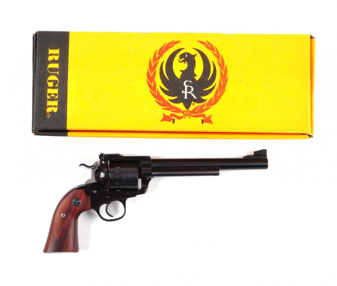 (M) MIB Ruger Bisley Black Hawk S.A. Revolver.: Serial # 36-77592 Caliber .357 magnum, Barrel length is 7-1/2”. Offered is an as new with matching box and outer wrapper Ruger Bisley target revolver. Features blued finish, flat top frame, adjustab