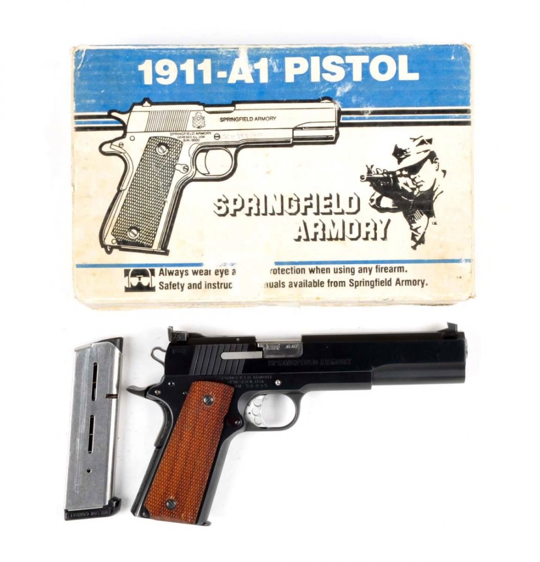 (M) Springfield Armory 1911-A1 Omega Target Pistol: Serial # NM58895 6" barrel in .45 ACP. This is a National Match Target version of the Colt Model 1911 that features the fully adjustable target rear sight, flat top, Hi-Viz front sight, double ported,