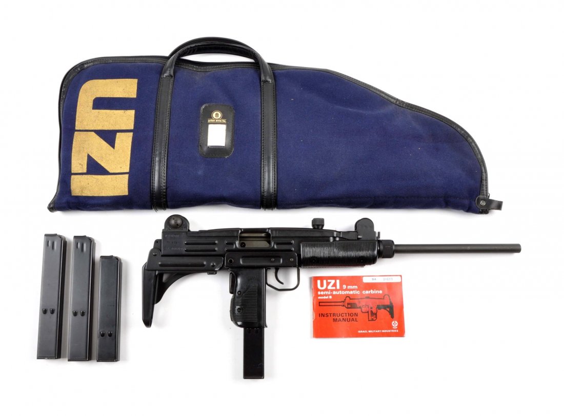 (M) Actions Arms Uzi Semi-Automatic Carbine.: Serial # SA40619 Caliber 9mm, Barrel length 16.1”. This famous Model B carbine was manufactured in Israel. Features the matte military finish, retractable stock, black composite grip and forend. Nea