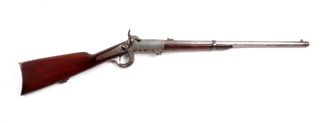 (A) U.S. Burnside 5th Model Saddle Ring Carbine: Serial # 22909 Caliber .54 cal percussion, Barrel length 21’’. The 5th model Burnside carbine was manufactured from 1863 to 1865. It was a very popular breech loading single shot percussion carbin