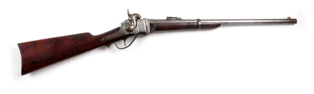 (A) Sharps New Model 1863 S.R.C.: Serial # 75820 22” barrel in .52 percussion caliber. Approximately 40,000 manufactured for use during the Civil War. One of the most popular weapons for the Union Army. This was the carbine that was