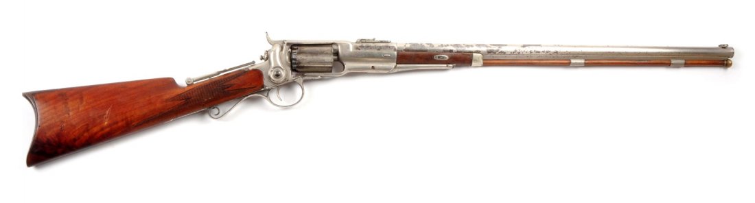 (A) Colt Model 1855 Half Stock Sporting Rifle.: Serial # 2902 2902 27” round barrel in .44 caliber percussion. These rifles were manufactured 1857 to 1864. It is a six shot, single action. Top of the frame is stamped “Colts Patent 1856” and a
