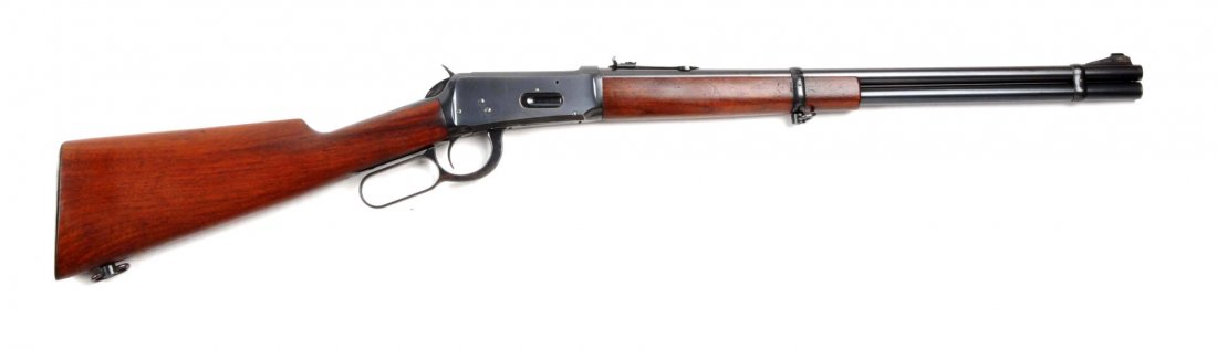 (C) Winchester Model 94 Carbine (Pre-64).: Serial # 1249398 20” barrel in .30 WCF caliber. Standard 1941 manufacture 1894 carbine. Features full magazine, ramp front sight (no hood), sporting rear sight, two barrel bands, blue finish, no rin